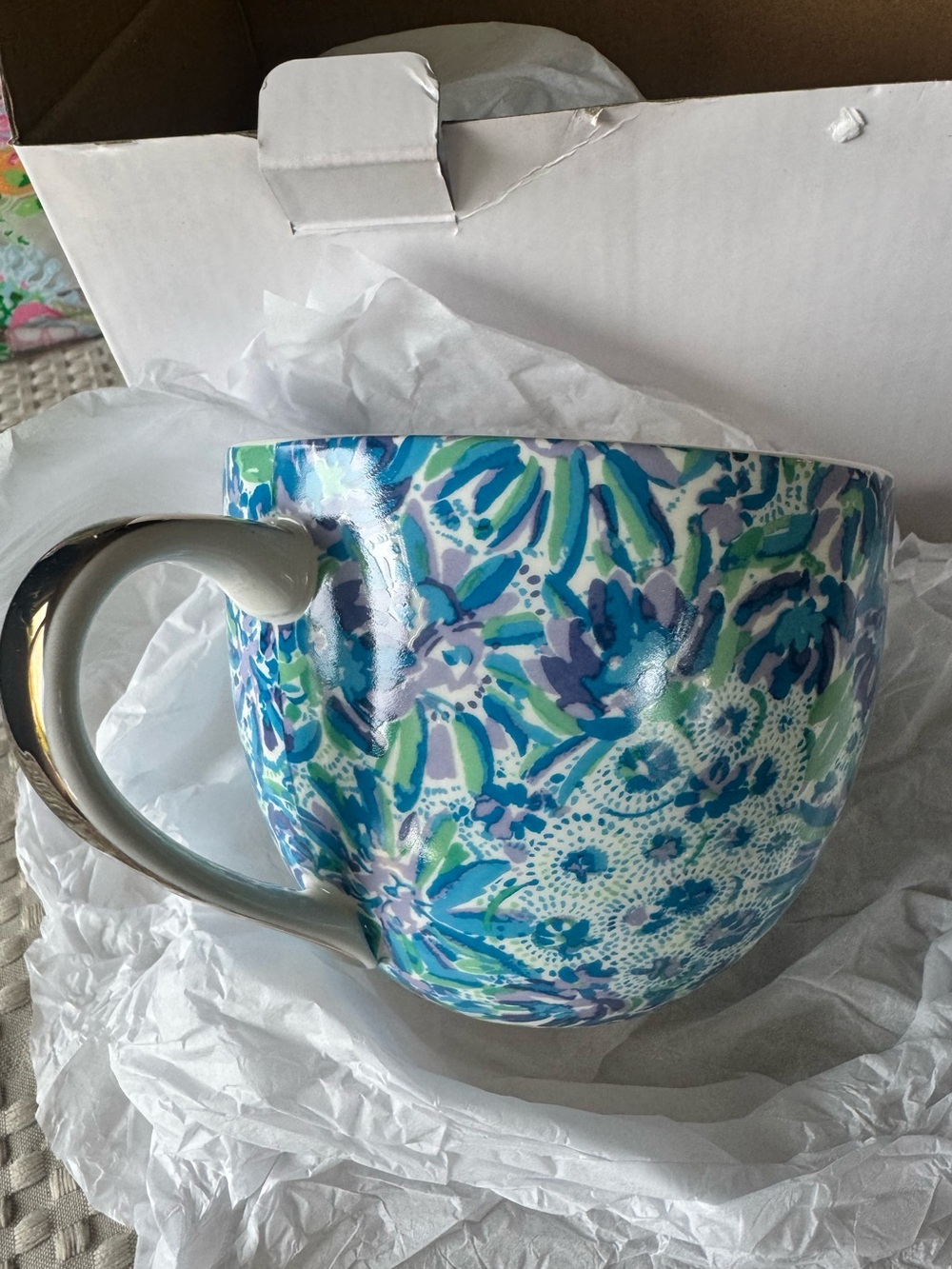 Blue & Green Floral Ceramic Mug with Silver Handle Set of 2